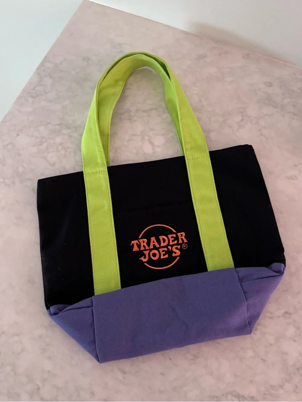 Trader Joe's Black Tote with Lime Handles and Purple Base viral tote